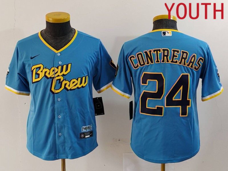 Youth Milwaukee Brewers #24 Contreras Blue City Edition 2024 Nike MLB Jersey style 1